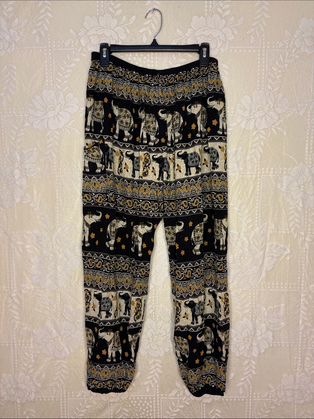 Boho Elephant Print Women's Harem Pants - Black & Gold